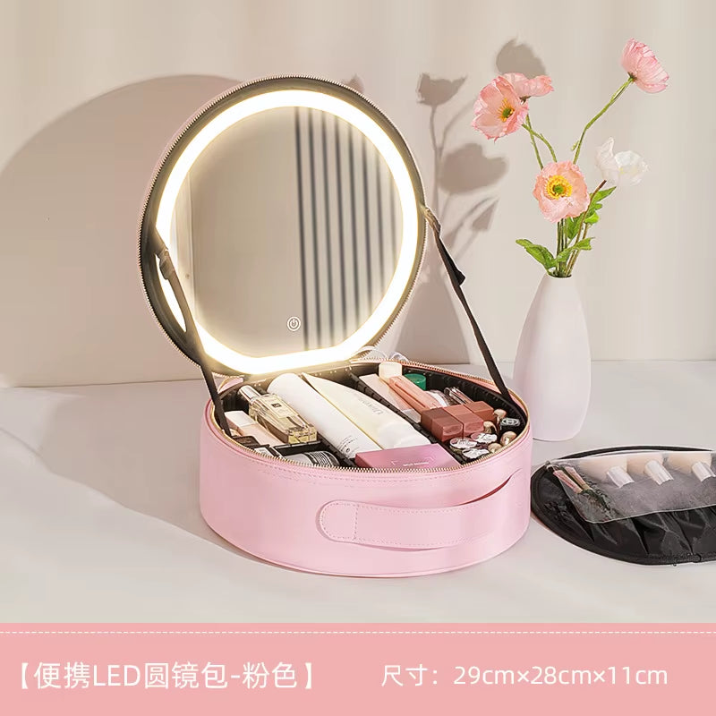 Portable Cosmetic Travel Storage Case with 2000mAh Rechargeable LED Makeup Mirror