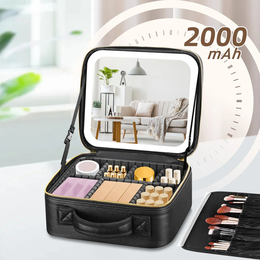 Portable Cosmetic Travel Storage Case with 2000mAh Rechargeable LED Makeup Mirror