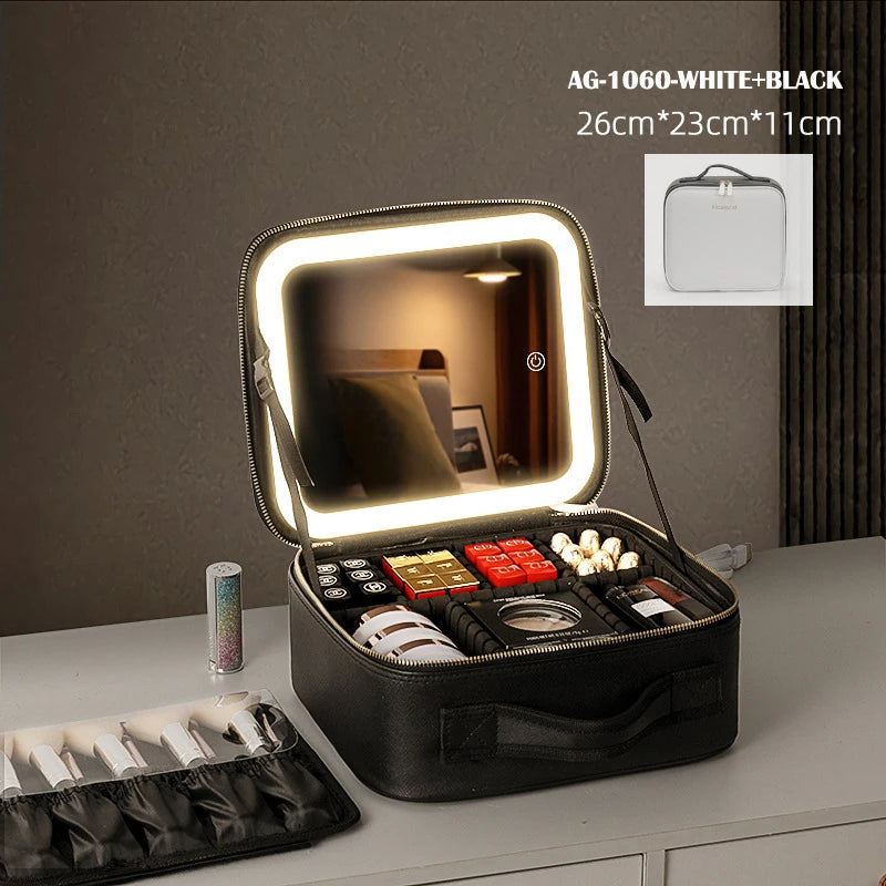 Portable Cosmetic Travel Storage Case with 2000mAh Rechargeable LED Makeup Mirror