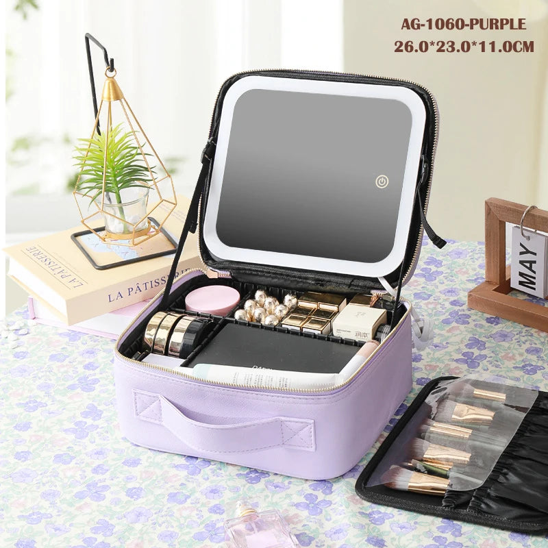 Portable Cosmetic Travel Storage Case with 2000mAh Rechargeable LED Makeup Mirror