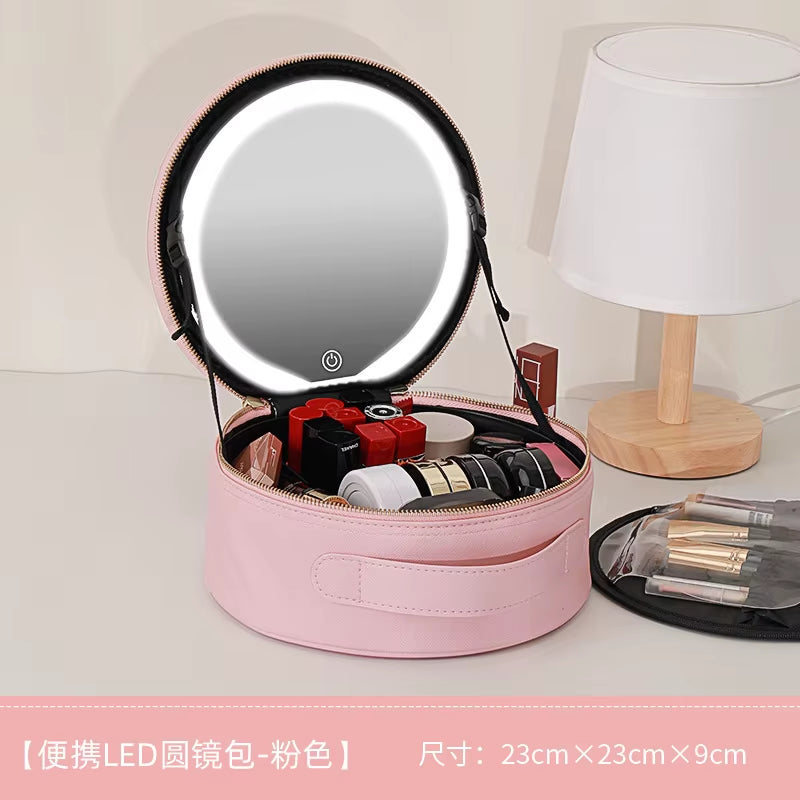 Portable Cosmetic Travel Storage Case with 2000mAh Rechargeable LED Makeup Mirror