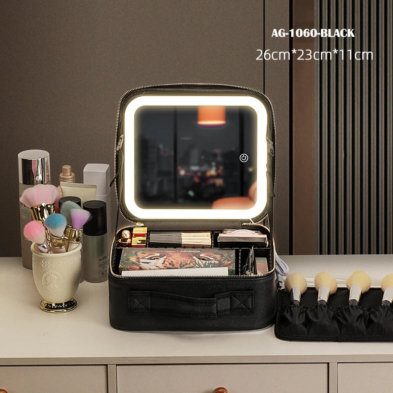 Portable Cosmetic Travel Storage Case with 2000mAh Rechargeable LED Makeup Mirror