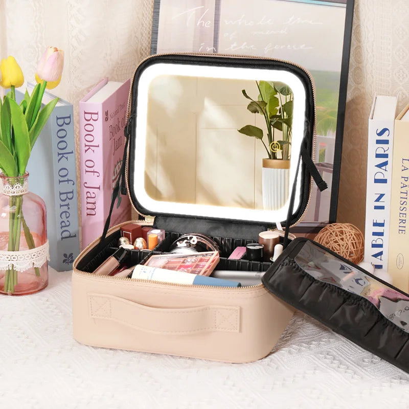 Portable Cosmetic Travel Storage Case with 2000mAh Rechargeable LED Makeup Mirror