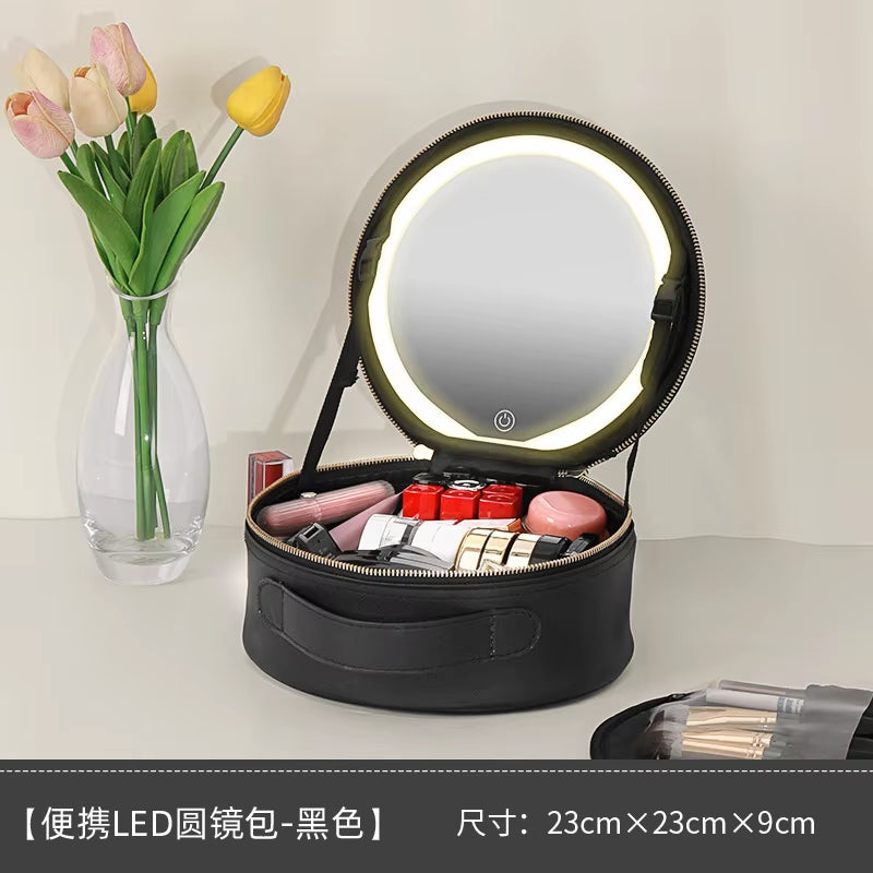 Portable Cosmetic Travel Storage Case with 2000mAh Rechargeable LED Makeup Mirror
