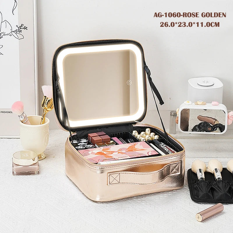 Portable Cosmetic Travel Storage Case with 2000mAh Rechargeable LED Makeup Mirror