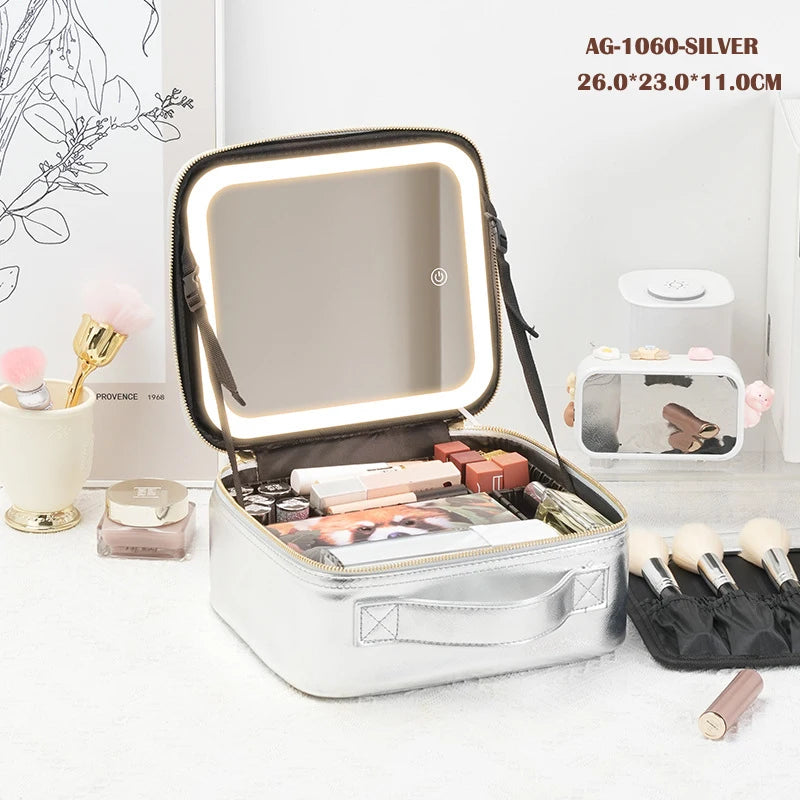 Portable Cosmetic Travel Storage Case with 2000mAh Rechargeable LED Makeup Mirror