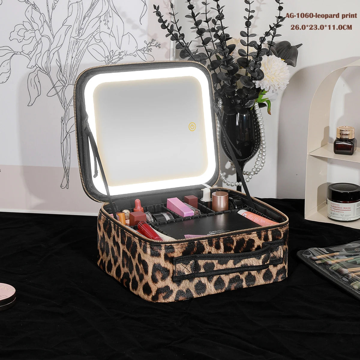 Portable Cosmetic Travel Storage Case with 2000mAh Rechargeable LED Makeup Mirror